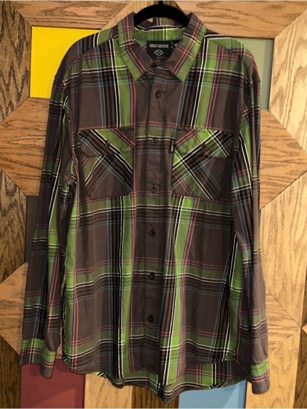 Harley Davidson Shirt Stencil Plaid Long Sleeve Button Up Brown & Green Sz L - Picture 2 of 8